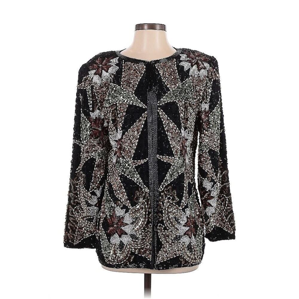 VTG Jakelin 100% Silk Black Gold Beaded Star Tunic Jacket Sequin Beaded Kazar S